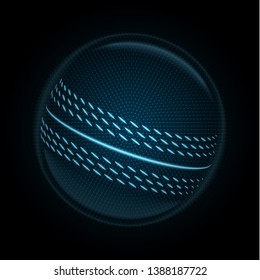 Vector image of a cricket ball made of illuminated shapes. Illustration consisting glowing lines, points and polygons. Abstract 3D neon wireframe concept.