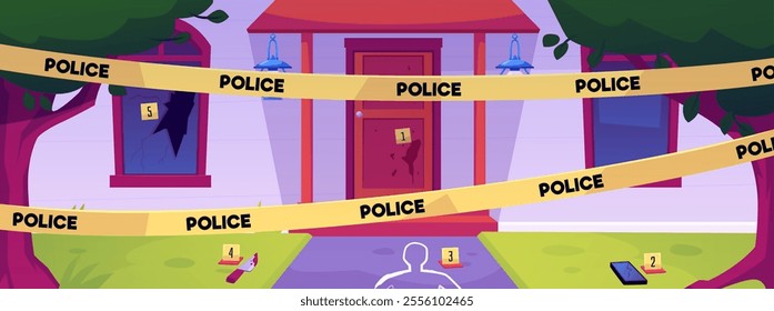 A vector image of a crime scene- a house with broken windows, yellow tape, a chalk outline and evidence. Robbery and murder outside the house in the morning