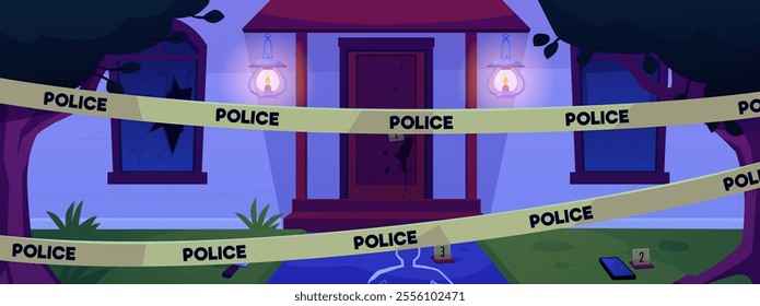 A vector image of a crime scene- a house with broken windows, yellow tape, a chalk outline, evidence and a lantern. Theft and murder outside the house