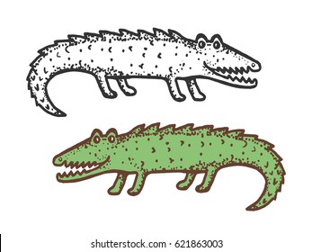 Vector image of crocodile for coloring. Color and black and white drawings. For the design of colorings, printing, postcards, illustrations.