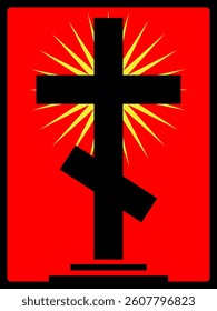 Vector image of a cross in a minimalist style. In black color on a red background and an abstract image of the sun in the background.