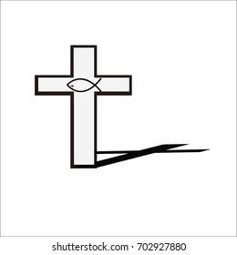 Vector image of cross with shadow on floor. Christianity concept.