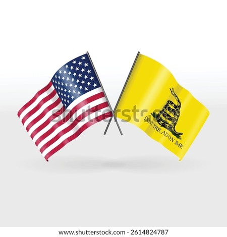 Vector image of crossed American and yellow Gadsden flags with waving fabric effect. Patriotic and historic symbol of liberty and resistance in clean vector style.