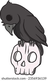 a vector image of a crow sitting on a skull