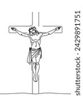 Vector image of a crucified Jesus, in a linear style, on a white background.