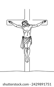 Vector image of a crucified Jesus, in a linear style, on a white background.