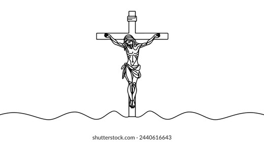 Vector image of a crucified Jesus, in a linear style, on a white background.