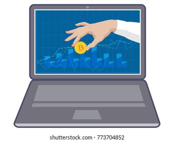Vector image of crypto currency bitcoin in the form of gold coin in female hand on background of stock charts on laptop screen. Exchange trades.