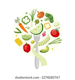 Imagen vectorial de una rodaja de pepino en un tenedor con una cinta de centímetro y verduras alrededor. Ilustración vegetal para el concepto de alimentación sana, vegana, verduras frescas, etc.