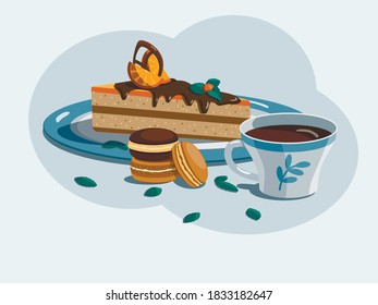 Vector image of a Cup of coffee with a piece of orange cake with mint leaves and chocolate macaroon on a blue background