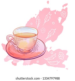 Vector image. Cup with doodle elements. Bright color sketch, kitchen utensils. Imitation of watercolor stains.