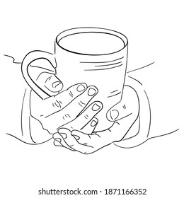 Vector image of a cup in hands. Warm winter illustration depicting a mug of hot tea, cocoa or coffee warming hands during the cold season. Food sketch