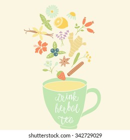 imagen vectorial de una taza con ingredientes de hierbas: camomila, limón, menta, jengibre, lavanda, anís estrellado, fresa, arándano, tilo, cadera de rosa, jazmín, judía de vainilla y té de hierbas para beber