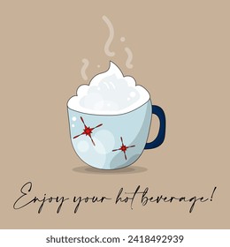 Vector image of a cup with hot tea or coffee and the inscription "Enjoy your hot drink" in doodle style, hand drawing, suitable for a cafe, logo, banner, background