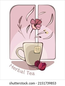 Vector image with a cup of tea with herbal aroma and hibiscus