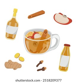 Vector image with a cup of winter or autumn drink. Image of alcoholic cocktail with apples, cinnamon and ginger. Recipe for making a hot drink for New Year and Christmas.
