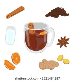 Vector image with a cup of winter or autumn drink. Image of hot tea with cinnamon, anise and citrus. Recipe for making a hot drink for New Year and Christmas.