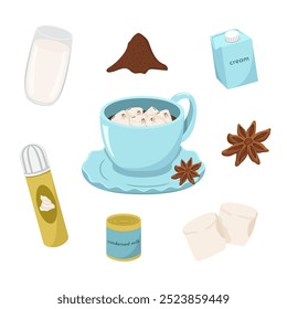 Vector image with a cup of winter drink. Image of hot chocolate with marshmallow and anise. Recipe for making a hot drink for New Year and Christmas.