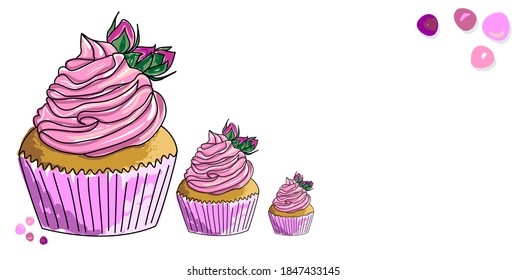 Vector image of a cupcake with butter cream and flower buds on top. A hand-drawn digital sketch of a cake. Postcard for a wedding or party with a place for invitation or congratulations.