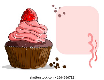 Vector image of a cupcake with butter cream and raspberries on top. Hand-drawn illustration. A sketch of a cake painted as if with markers or watercolors. Place for lettering or congratulations