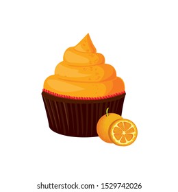 Vector image of a cupcake with orange taste on white background. Vector cupcake with orange and orange cream.