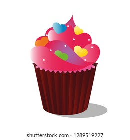 Vector image cupcake from shortbread dough of a decorated with cream, chocolate and decors, isolated on white background