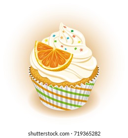 Vector image of cupcake with whipped cream and a orange