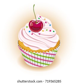 Vector image of cupcake with whipped cream and a cherry