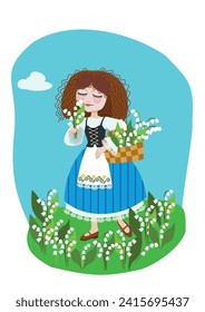 Vector image of a curly-haired girl in a European folk costume with lilies of the valley. Concept of happiness, love and tenderness.