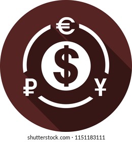 Vector image. Currency symbols ringed around the dollar on a circle of maroon color
