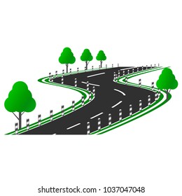 Vector image of a curved road picture with a roadside, trees and columns along the road. Flat Pattern.