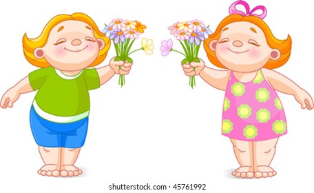 The vector image of cute babies with bouquets.