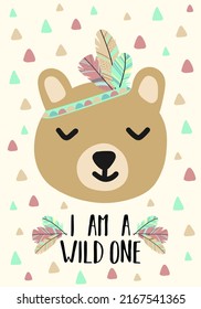 Vector image of a cute bear in the style of Boho. Cartoon illustration of animals decorated with feathers, triangles for use as print for children, on Baby Shower, banner, postcard, poster.
