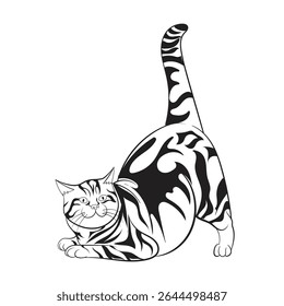 A vector image of a cute black and white cat in a stretching position with lifted tail. Ideal for minimalist pet-themed illustrations, coloring pages, and animal-based graphic design projects.