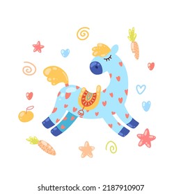 Vector image of cute blue horse with red hearts surrounded with carrots, stars, hearts and swirls. Image for kids apparel and stuff.