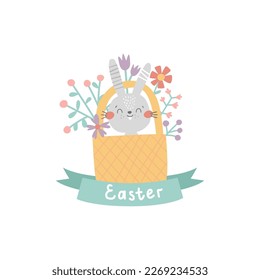 vector image of a cute bunny sitting in a basket with flowers, funny image for kids, Easter concept for children