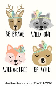 Vector image of cute cartoon animals in the style of Boho. Illustration of a deer, a fox, a raccoon, a bear for use as a print for children, on a Baby Shower, a banner, a postcard, a poster.