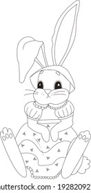Vector image of a cute cartoon bunny (rabbit), dressed in a dress and a hat. Outline image for children's coloring.