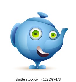 Vector image. Cute cartoon character blue tea pot with big eyes smiling.