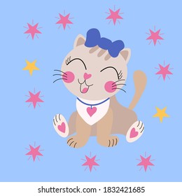 Vector image of cute cartoon kitten with a blue bow, on a blue background. For the design wallpaper, covers, prints for t-shirts, childrens clothing, textiles, pillows, mugs.
