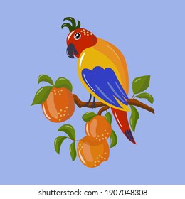 Vector image of cute cartoon parrot and peaches on a blue background. For the design of posters, postcards, banners, notebook covers, prints for t-shirts, childrens clothing.