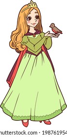 vector image of cute cartoon princess in green dress with bird
