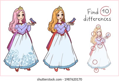 vector image of a cute cartoon princess with a bird in her hands in the game find the difference for children
