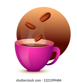 Vector image. Cute cartoon purple mug of hot coffee.