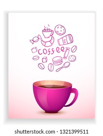 Vector image. Cute cartoon purple mug of hot coffee. Card with doodle elements