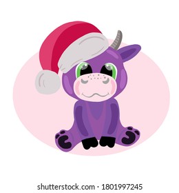 Vector image of a cute cartoon purple bull in a hat of Santa Claus on a pink background. For the design of postcards, posters, prints for t-shirts, covers, stickers.