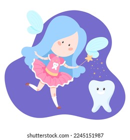 Vector image of a cute cartoon style tooth fairy with a magic wand and a tooth