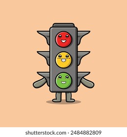 Vector image of cute cartoon traffic light showing red color