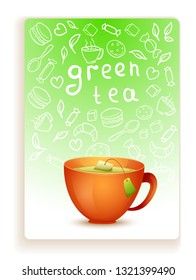 Vector image. Cute cartoon yellow mug of hot green tea. Card with doodle elements