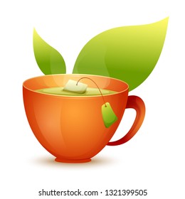 Vector image. Cute cartoon yellow mug of hot tea.